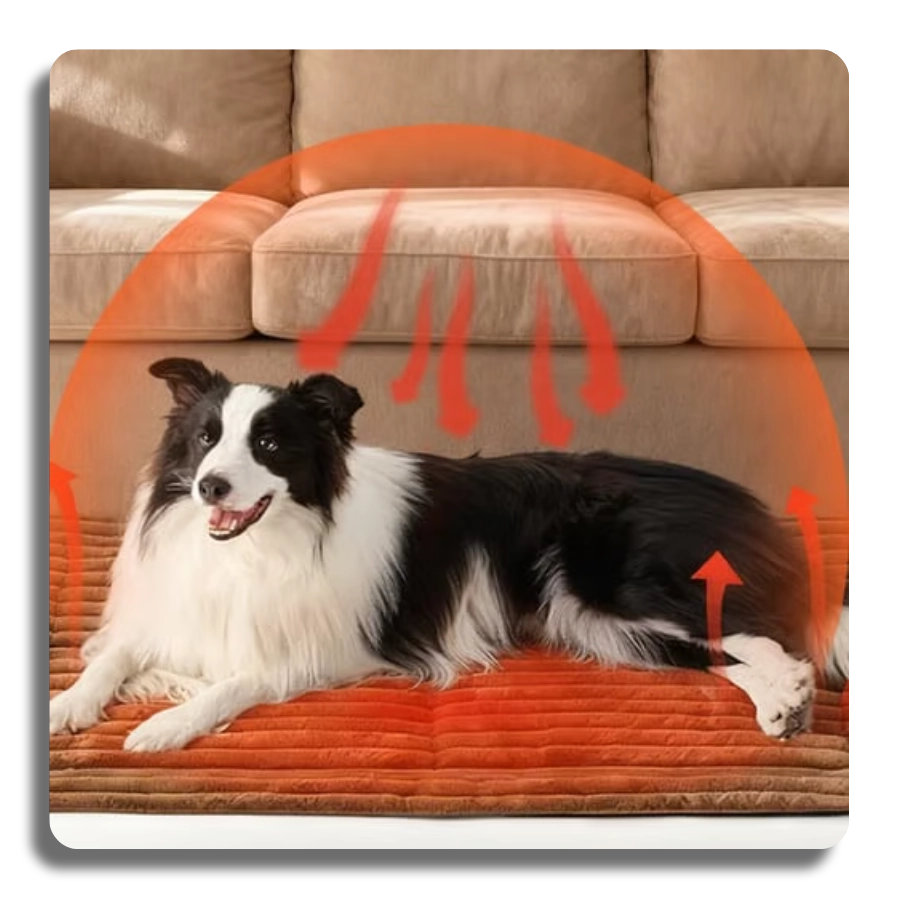 Border Collie dog resting on a self-heating mat placed on a sofa, showing heat radiation and furniture protection.
