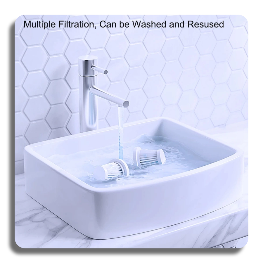  Two HEPA filters being washed under a faucet in a sink, demonstrating the multiple filtration system that is washable and reusable.