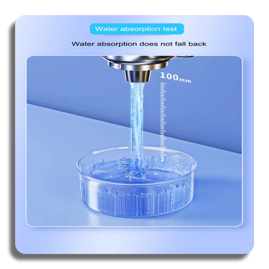 Handheld vacuum cleaner demonstrating 100mm water absorption capability, showing its effectiveness as a wet and dry vacuum for liquid spills.