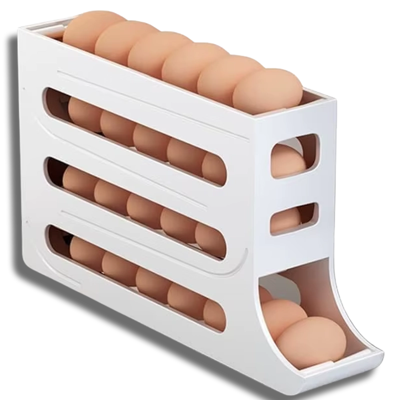 White 4-tier automatic rolling egg rack for refrigerator with a gravity-fed design, holding 30 eggs for organized kitchen storage.